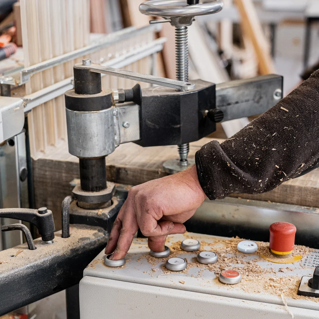 Een grote houten plank ligt onder een houtverwerkingsmachine. Een man bedient de machine door bepaalde knoppen in te drukken.