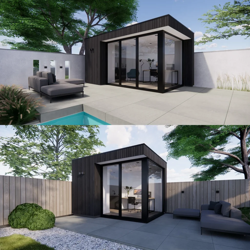Twee 3d-voorstellingen van een standaard en grote tuinkamer zij aan zij.