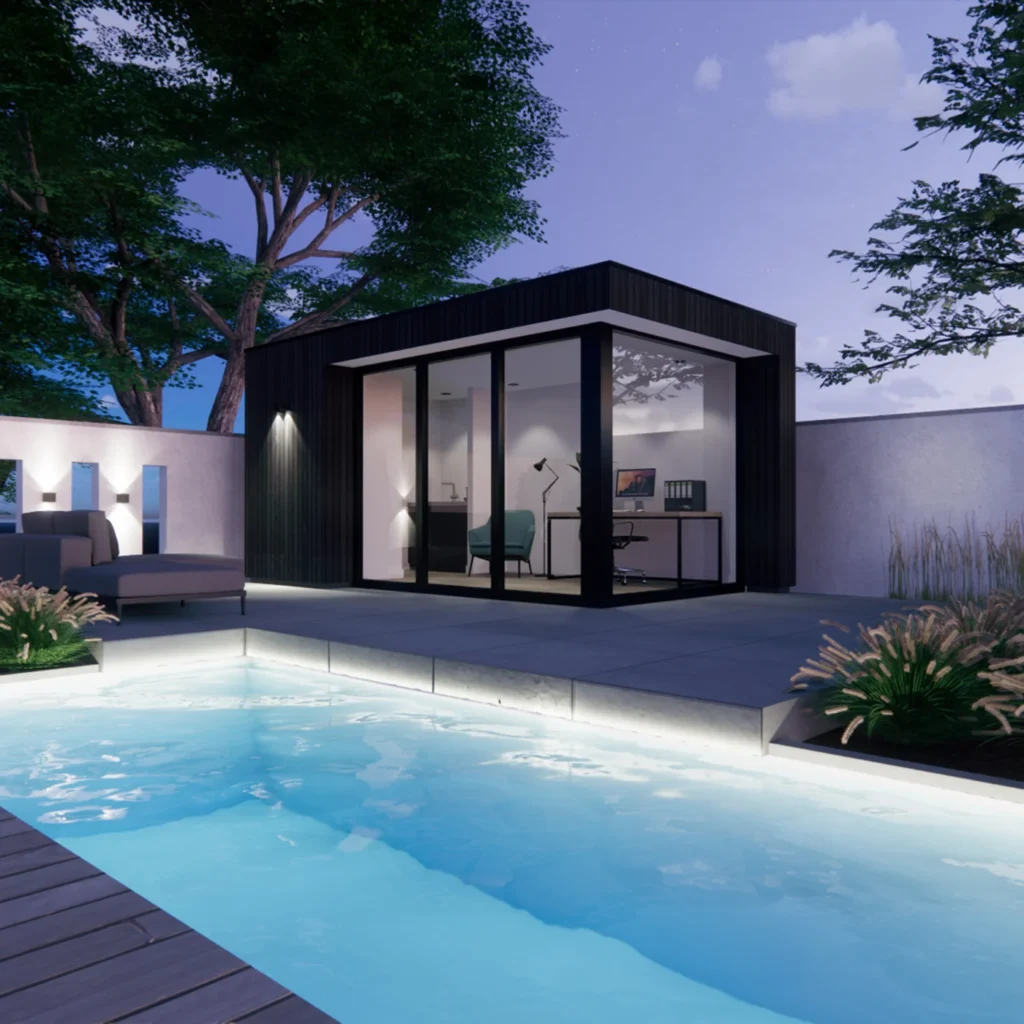 Een zeer luxe 3d-voorstelling van een tuinkamer met aan de voet een ruim zwembad.