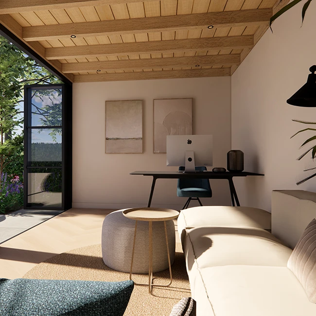 Een fraai tuinkantoor met houten panelen en vier grote ramen. Aan de voet ligt een groot zwembad.