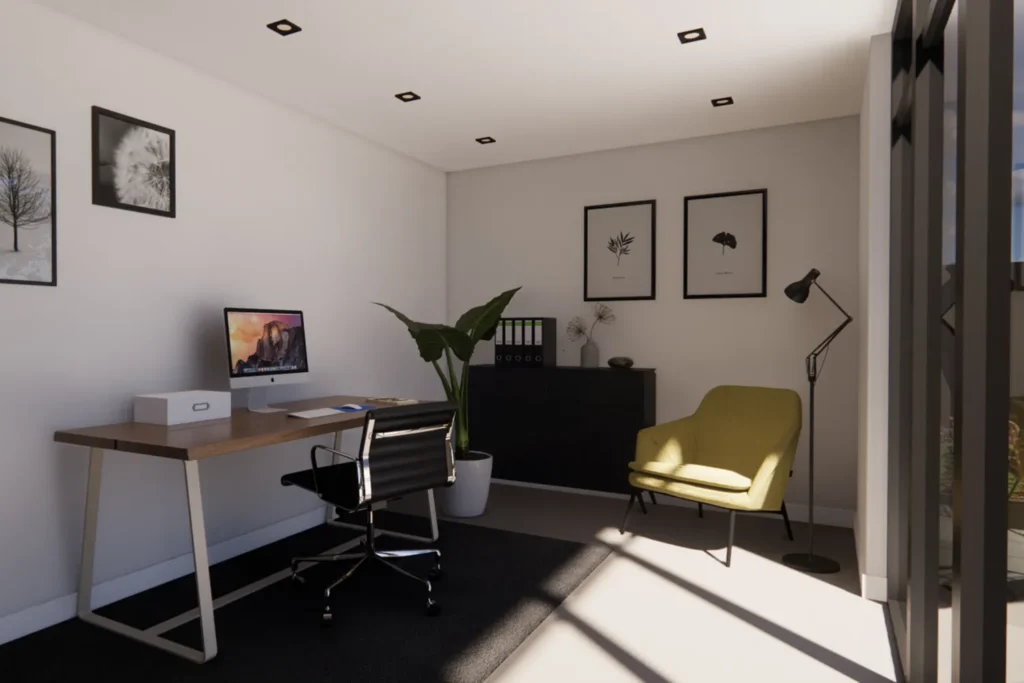 Binnenaanzicht van een tuinkantoor. Het kantoor is fraai ingericht met een modern bureau, fauteuil, schilderijen en lamp.